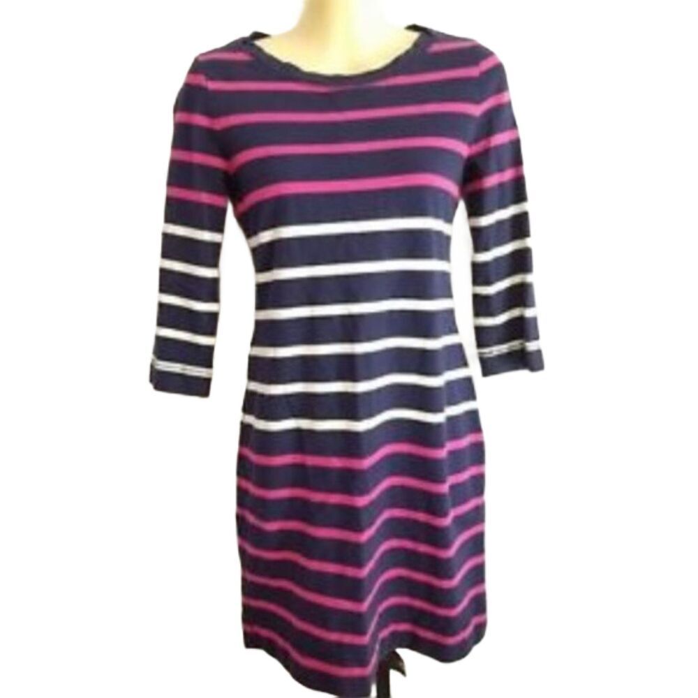 Banana Republic Striped Knit Dress Navy Pink White XS 3/4 Sleeve Above Knee